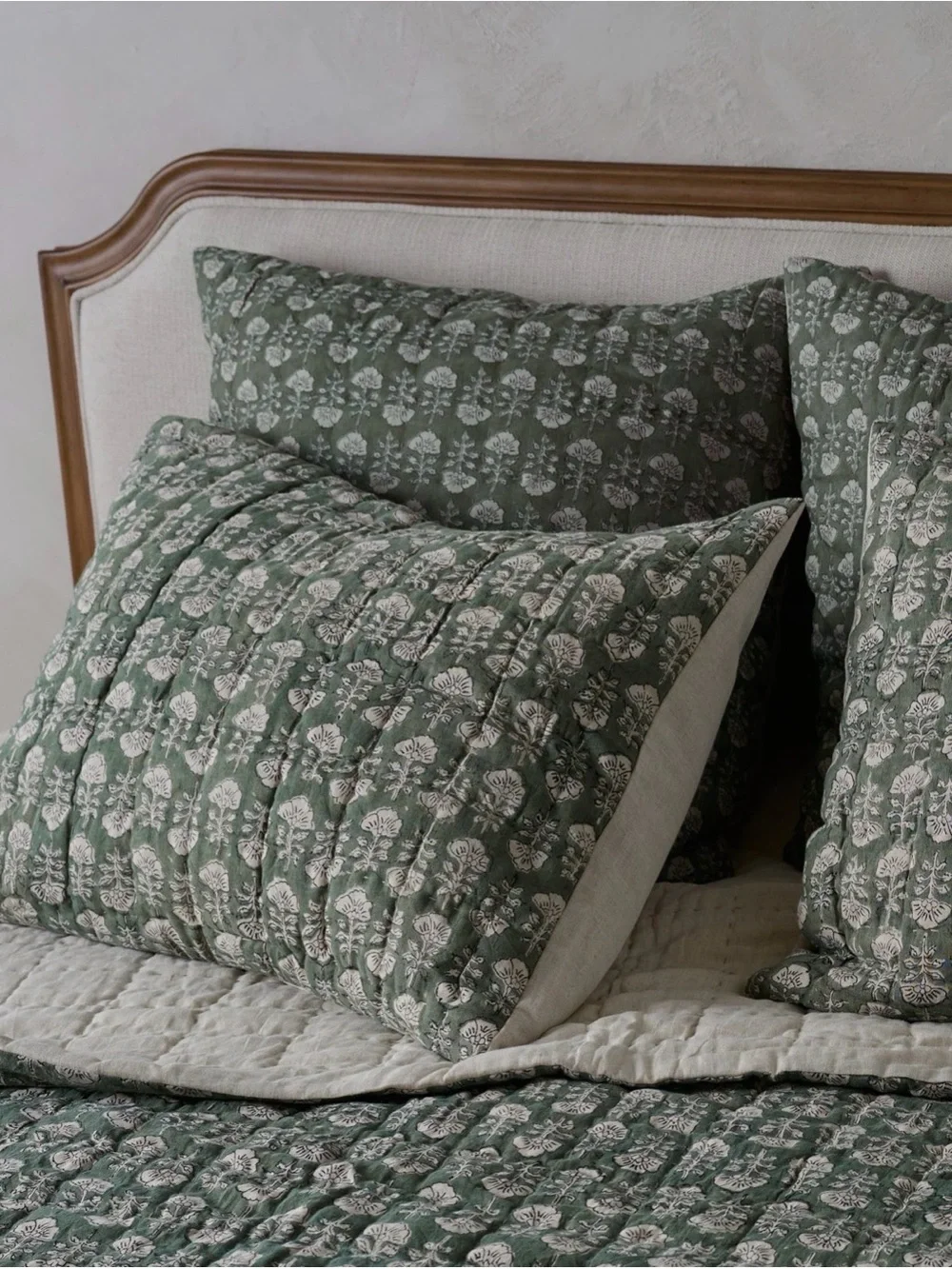 Bundle of (2) Magnolia Flora Block Print King Pillow Shams in Dusty Green